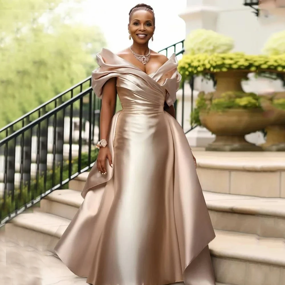 

Elegant Mermaid Mother of the Bride Dress For Wedding Off Shoulder Satin V-Neck Floor Length wedding guest dress Customized
