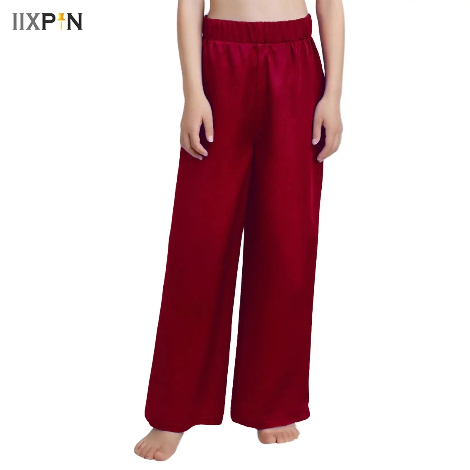 

Kids Girls Boys Worship Praise Dance Pants Glossy Satin Solid Color Elastic Waistband Wide-Leg Trousers Lyrical Modern Dancewear