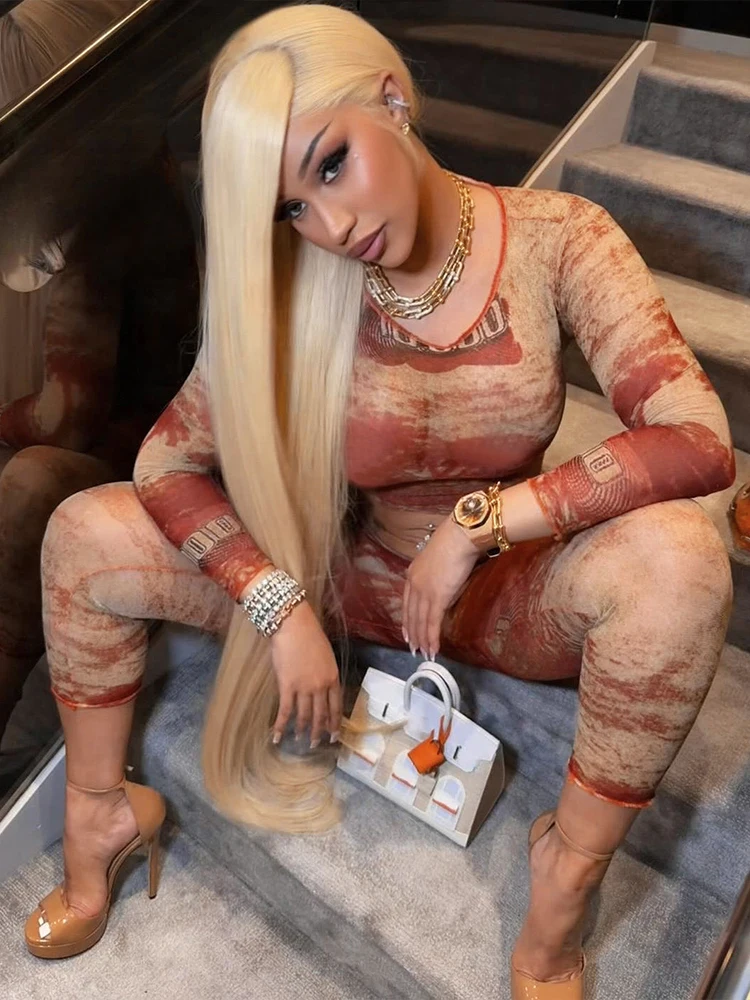 

InGrily Fad Sexy See Through Women 2 Piece Set Print Coquette Crop Tops+Leggings Stretch Tight Clubwear Matching Summer Outfits