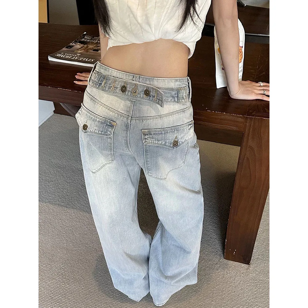 Women Light Washed Wide Leg Jeans Spring Autumn Adjustable Back Waist Buttons Denim Pants Casual Loose Straight Jeans