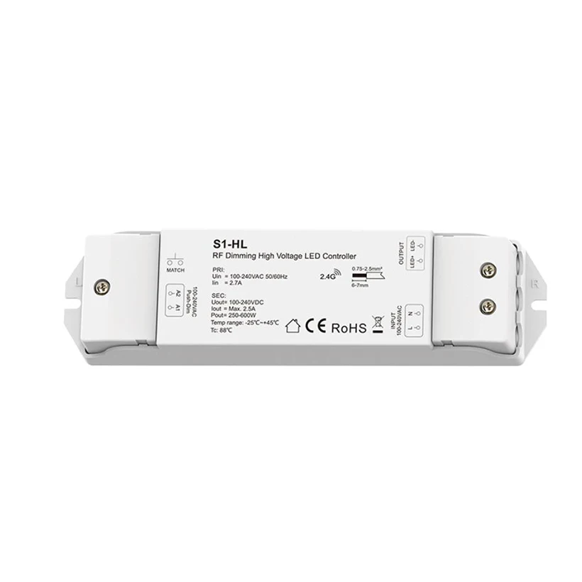 1CH*2.5A 100-240VAC High voltage LED Strip RF dimmer S1-HL DIM Dimming for Single color LED Strip light
