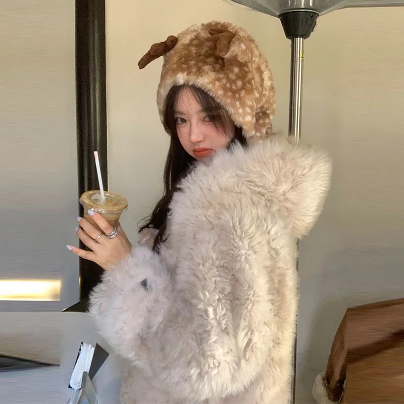 Cute Christmas Deer Plush Hat Women Winter Korean Thick Warm Ear Protect Lei Feng Hat Plush Leg Warmer Set Performance Costume