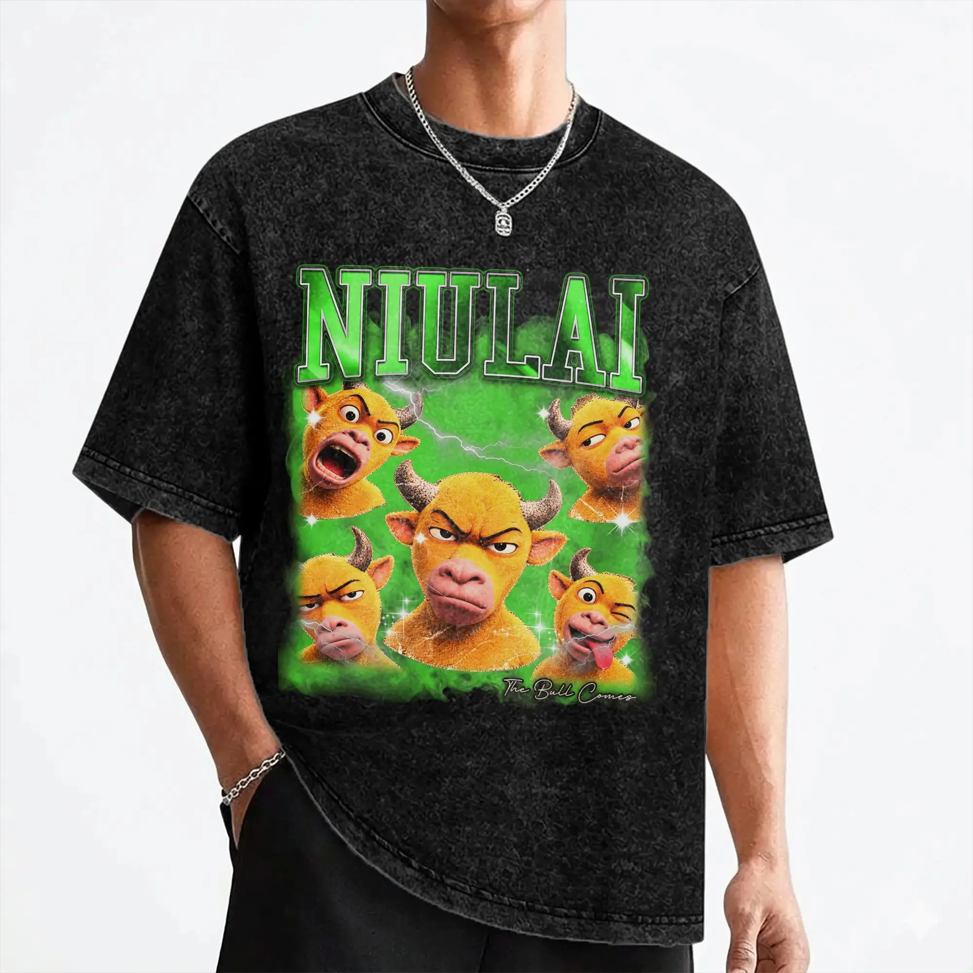 Niu Lai Funny Bull Meme T Shirt Washed Short Sleeve Oversize T-Shirts  Fashion for Men Women Streetwear Summer Tee Shirt