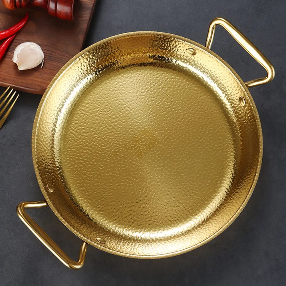 

Stainless Steel Paella Pot 20cm Double Handle Flat Pan for Seafood Hot Pot Kitchen Cooking Supplies Golden Color