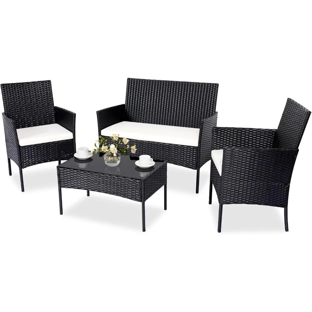 

Patio Furniture Set 4 Pieces, Conversation Sets Outdoor Wicker Rattan Chairs Garden Backyard Balcony Porch Poolside Loveseat wit