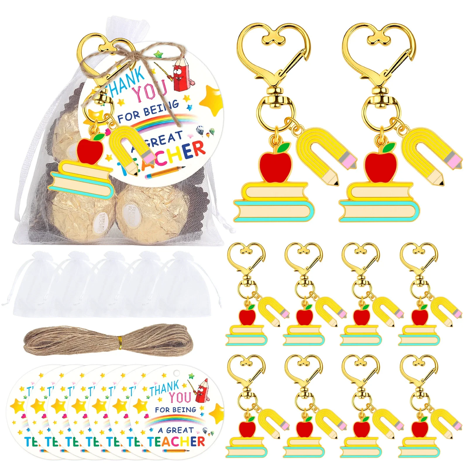 

10 Sets Teacher Appreciation Keychain With Organza Bags Thank You Tags Twine For Teachers Day Thank You Gift Bulk Party Favors