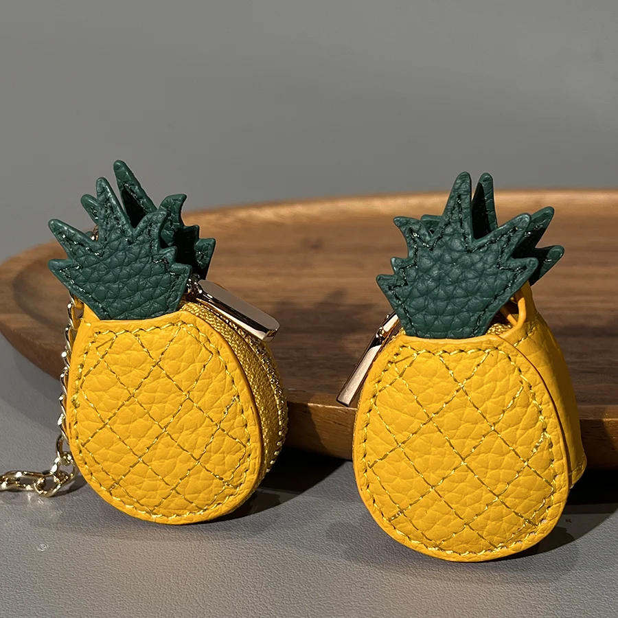 Cow Leather Round Coin Purse Pineapple Fruit Shape Mini Size Key Chain Earphone Bag Cute Handbag Pendant Bag Charm