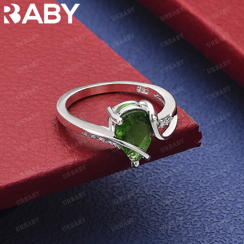 

URBABY 925 Sterling Silver Size 7-10 Green Teardrop Zircon Ring Fashion Jewelry Charm Grace Engagement Accessories