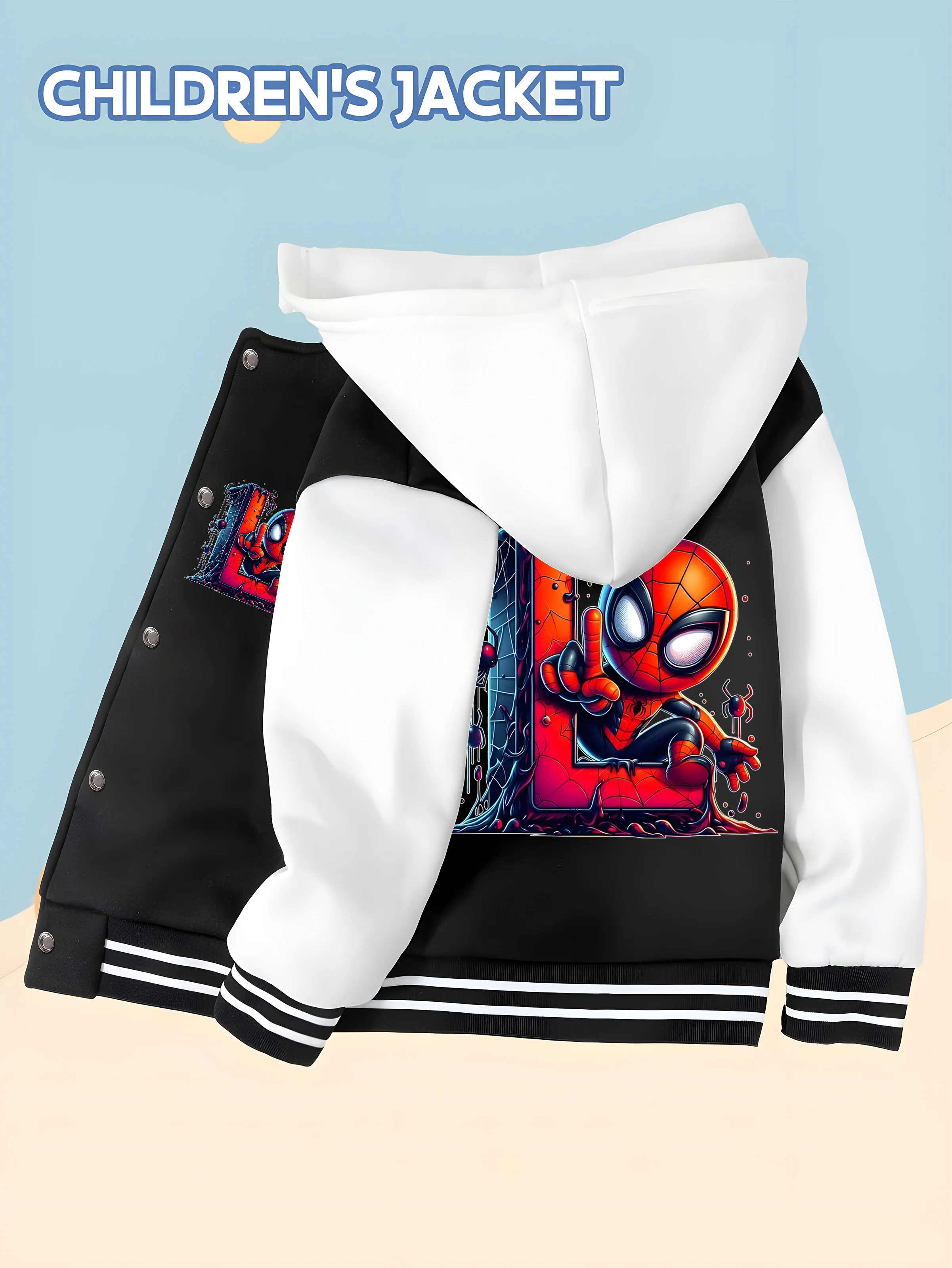 

MINISO Trendy Spider-Man children's baseball jacket with cool letter prints, hooded baseball style, comfortable and easy to wear