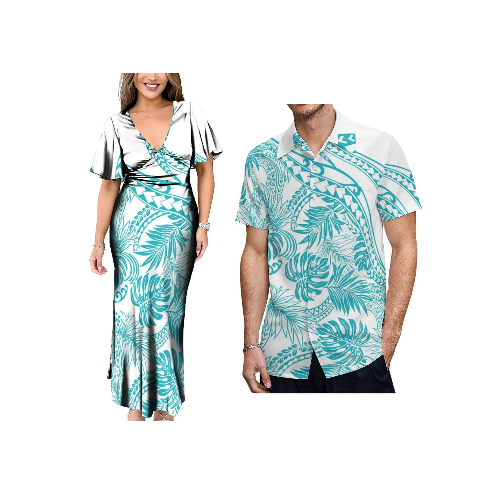 2025年ニューデザインディープVネックレディースバタフライスリーブドレスカスタムトンガプリント大きいサイズアロハメンズシャツカップル服2点セット