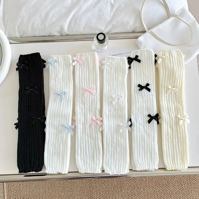 Japanese Lolita White Black Bow Tie Leggings Leg Warmers Women Girl Y2k Harajuku Kawaii Knitted Socks Boot Cuffs Warm Foot Cover