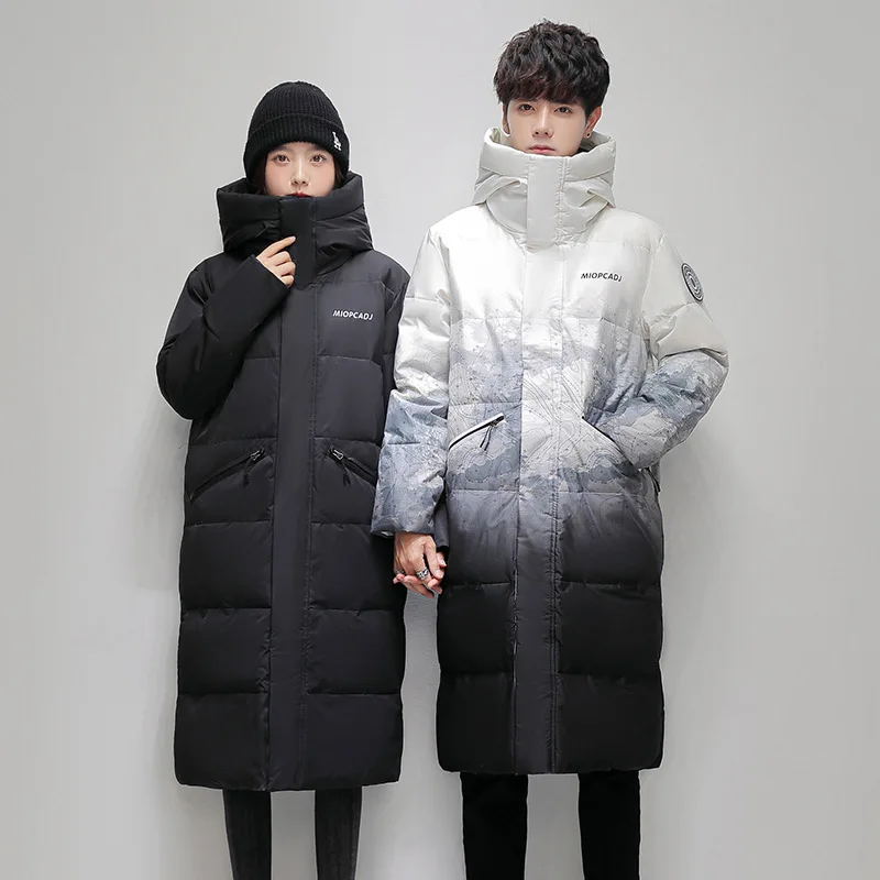 New Long Puffer Jacket Winter Male Coats Thick Gradient Hooded 90% Duck Down Jacket Korean Fashion Keep Warm Unisex Feather Coat