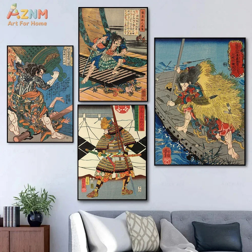 AZNM Japanese Ukiyo-e Samurai Canvas Print, Vintage Warrior Traditional Woodblock Art Unframed Canvas Painting, Oriental Retro W