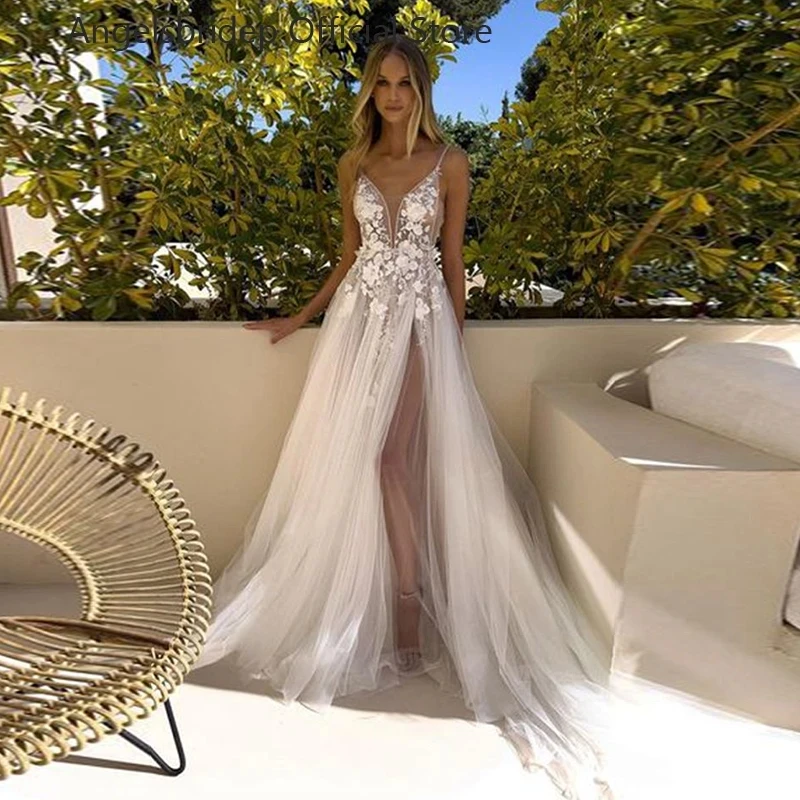 

Angelsbridep Elegant Boho A Line Tulle Wedding Dresses For Women 2023 Spaghetti Straps Appliques Bride Gowns Slit Robe De Mariée