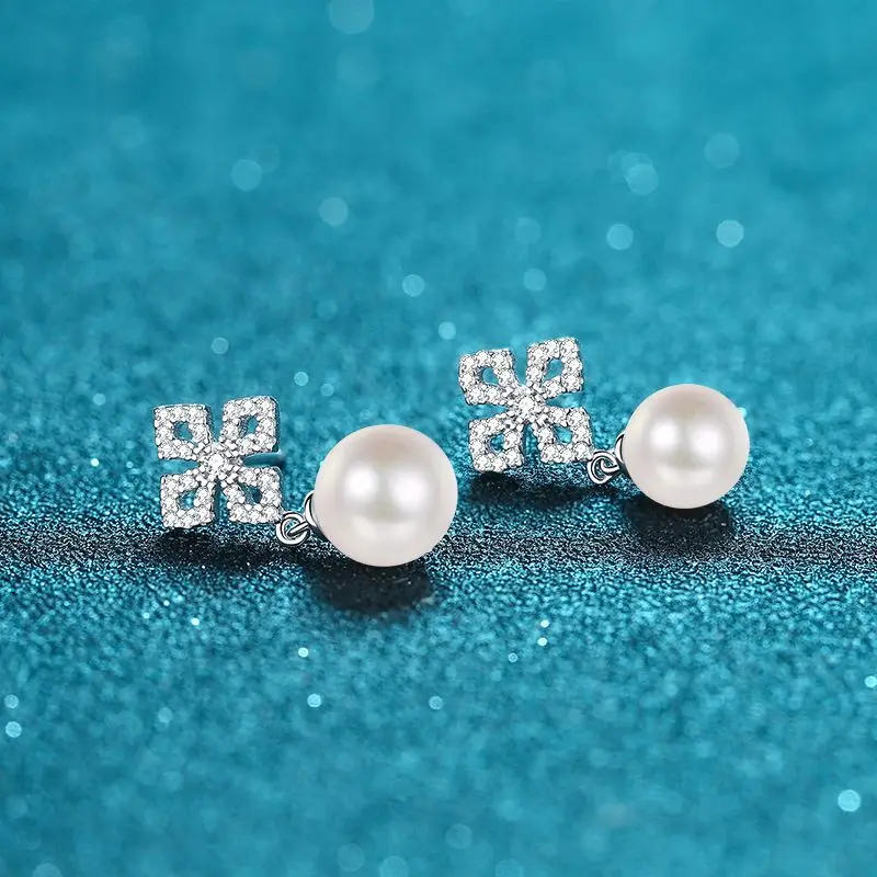 Elegant PT950 Platinum Women's Crushed 31 Points Moissanite Lucky Knot Earrings, 9mm Freshwater Pearl Ear Drop