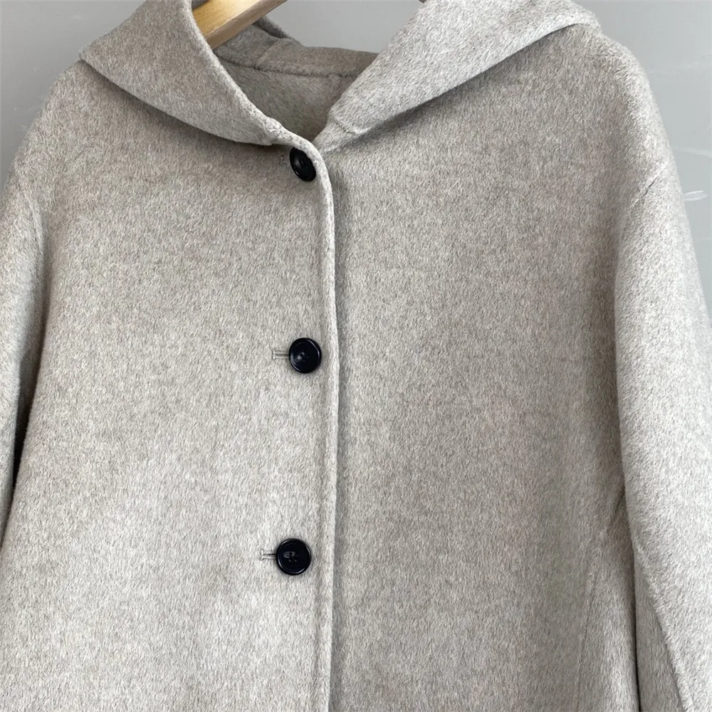 

25. осенне-зимнее удобное высококачественное простое женское пальто из кашемировой шерсти с капюшоном и карманами