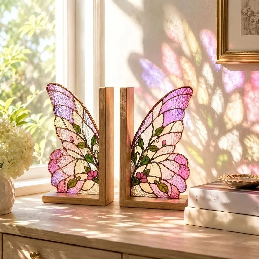 Home Decor Colorful Butterfly Wings Bookend Set Acrylic Desktop Organizer Book Stand Decorative Book Support with Bases Desk Use