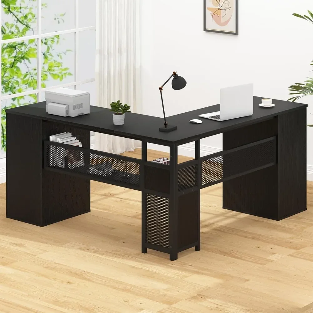 Black L Shaped Desk with File Drawers Shelves, Reversible Corner Metal Wood Computer Desk with Storage Cabinet