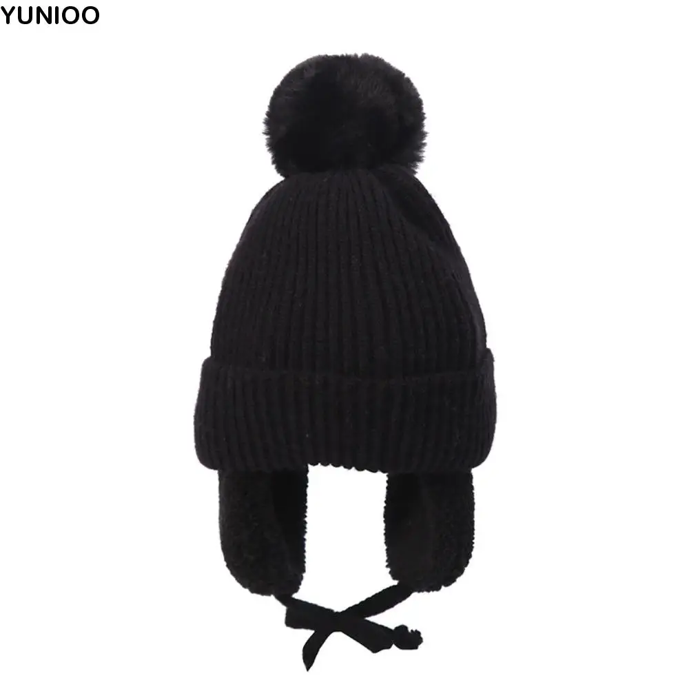 

Удобная плюшевая детская вязаная шапка с защитой ушей, шапочка с помпоном из мультфильма и ушками, теплая милая шерстяная шапка для девочек