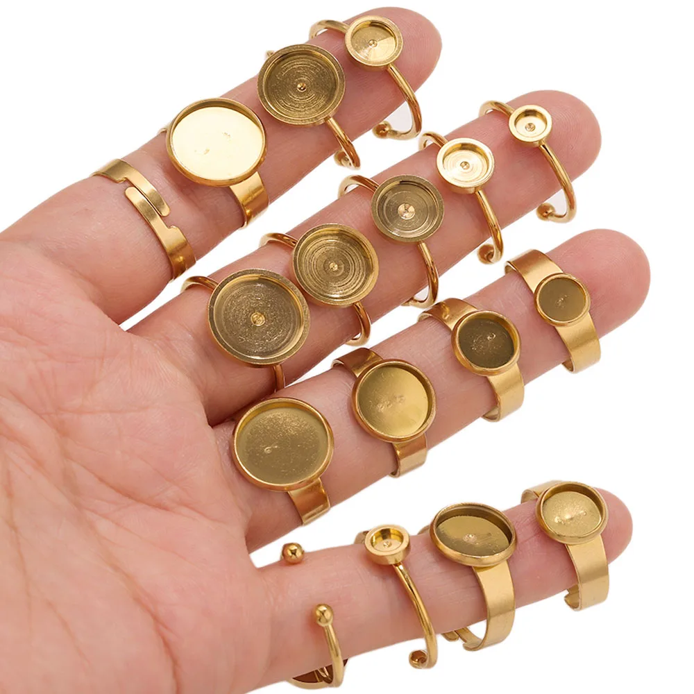 10pcs Adjustable Open Ring Settings Blank Base Bezel Cabochons Rings For Stainless Steel Resin Jewelry Making DIY Finger Ring