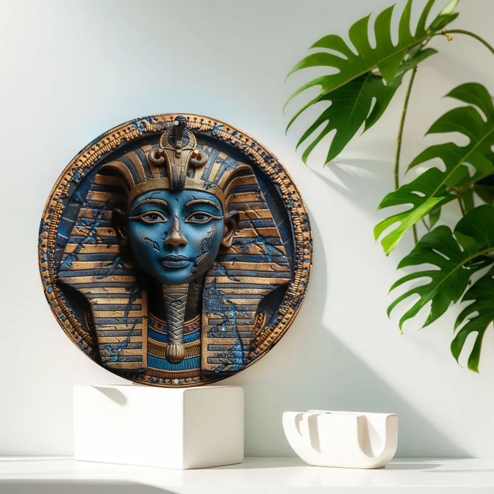 Egyptian Queen Mask Art Deco Wall Decor, Heavy-Duty Aluminum Metal Sign, 2D Round Flat, Decorative Artwork for Home, Office