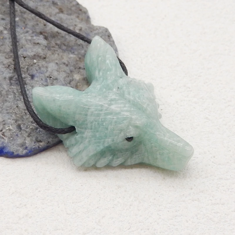 Natural Stone Amazonite Wolf Head Pendant Reiki Healing Carved Animal DIY Animal Jewelry Necklace Gift 36x29x12mm 11g