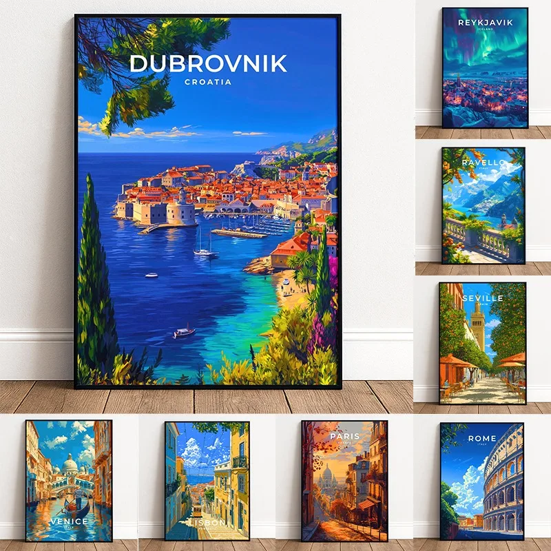 Europe City Tourist Attraction Poster Lisbon London Budapest Istanbul Prague Canvas Painting Wall Art for Living Room Home Decor