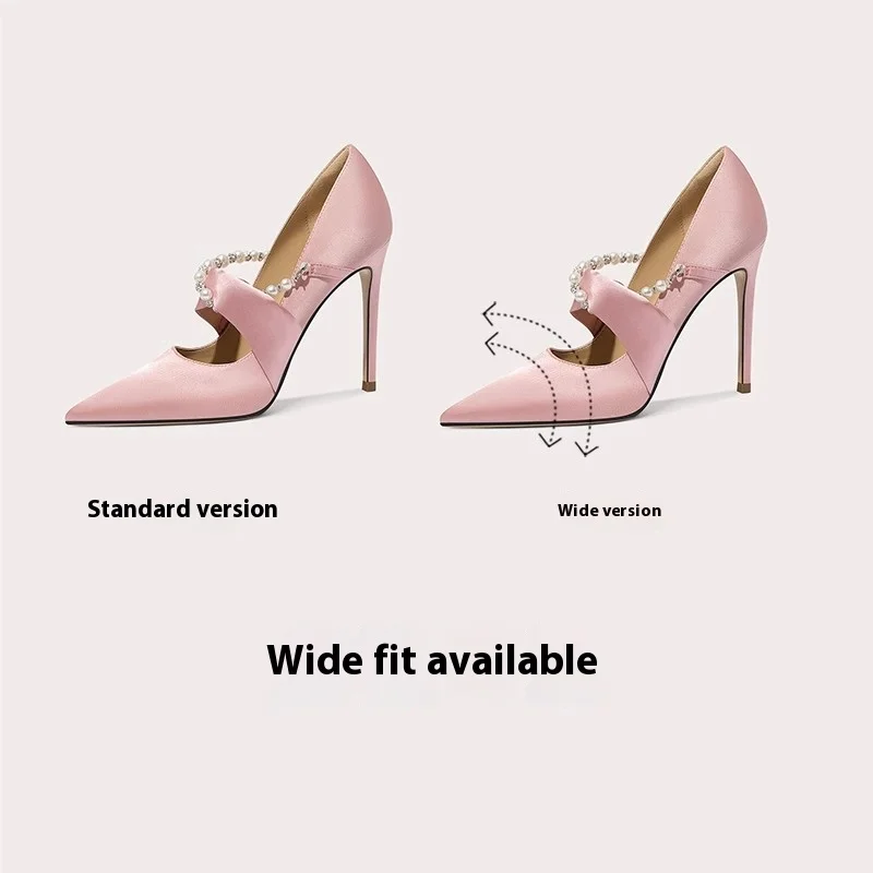 Spring silk pearl rhinestone belt low-heeled shoes thin high-heeled waterproof platform banquet large size small size women shoe