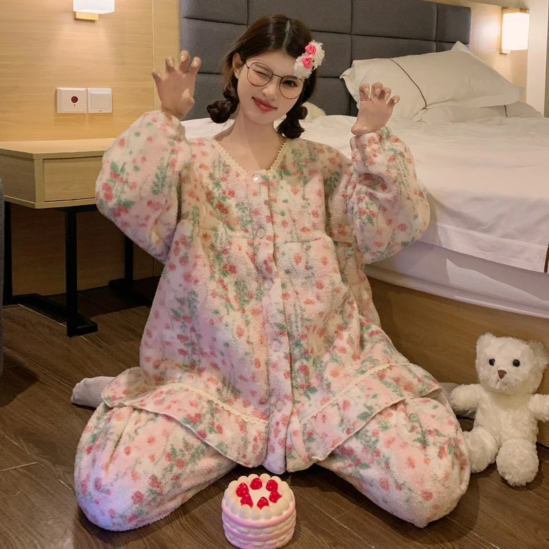 

Pajama Sets Fluffy Women Winter Long-Sleeve White Adorable Classic Retro Modal Sleepwear Homeclothes Night Home Comfortable Warm