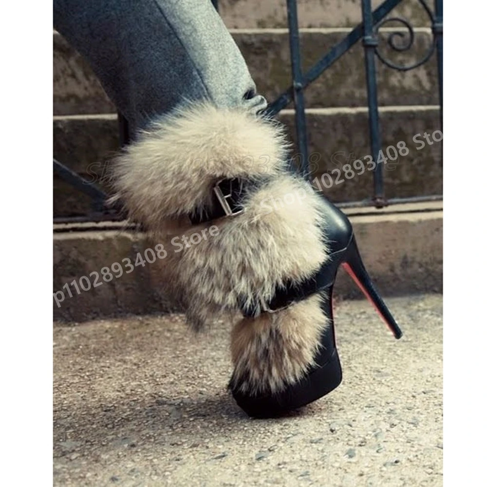 

Feather Decor Buckle Belts Winter Snow Boots Black Stiletto High Heel Platform Fashion Sexy Women Shoes 2025 Hot Para Mujere