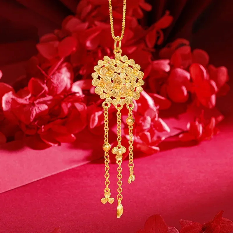 

9999 Real Gold 24K High Sense Ancient Gold Hydrangea Fringed Collarbone Necklace Design Sense Fringed Flower Ball Necklace