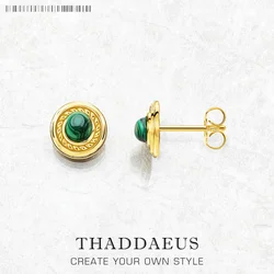 Green Stone Round Gold Stud Earrings,Europe Vintage Good Fine Jewerly For Women,2022 Brand New Gift In 925 Sterling Silver