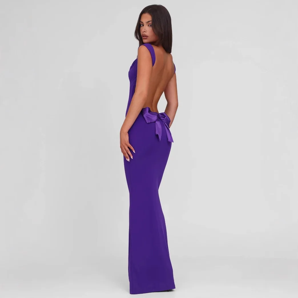 セクシーなサテンリボンバックレスマキシドレス女性夏ノースリーブスリムボディコンエレガントなイブニングパーティーカクテルロングドレスローブ