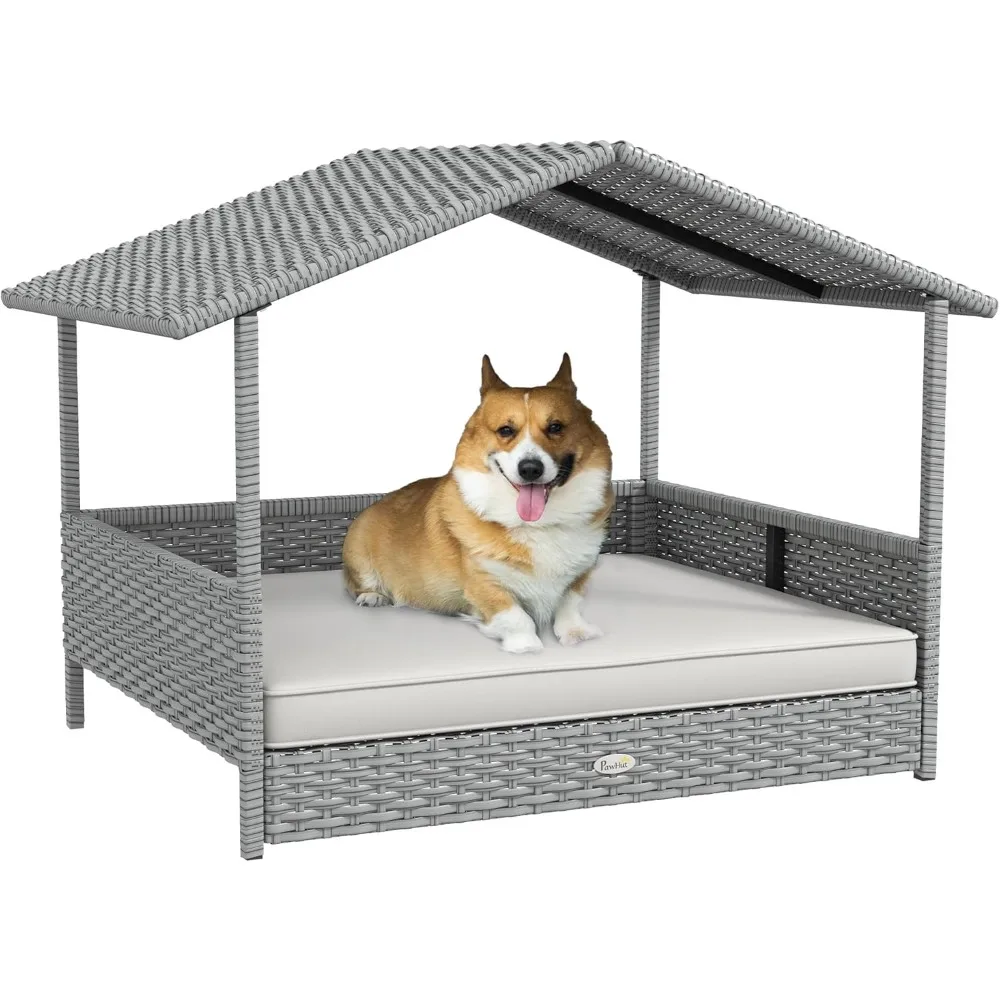 

Wicker Dog House Outdoor with Canopy, Rattan Dog Bed with Water-Resistant Cushion, Raised Dog Bed for Small, Medium Dogs up to