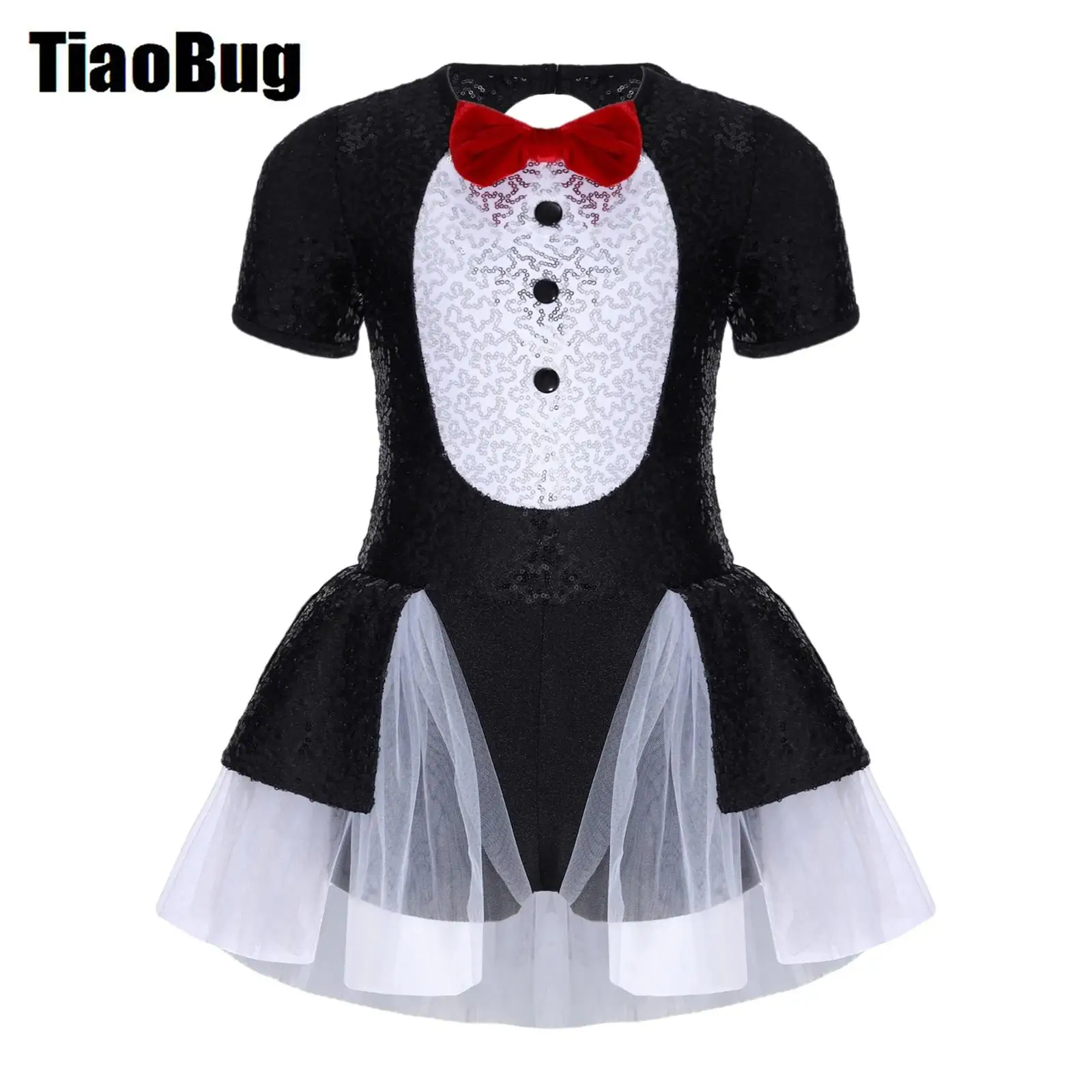 

Girls Circus Ringmaster Costume Sequin Dress Round Neck Short Sleeve Bow Puffy Mesh Leotard Dress Magician Cosplay Performance