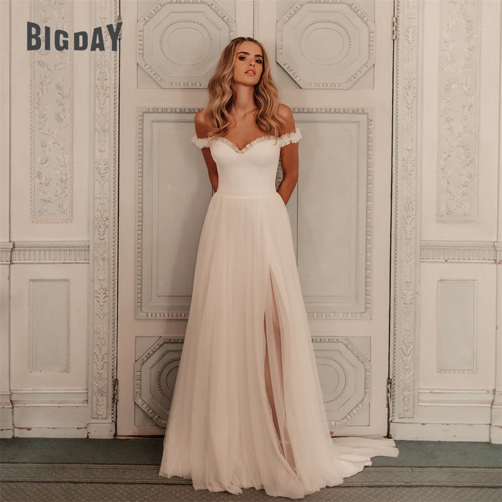 Pleat Tulle A-Line Wedding Dresses 2025 Sweetheart Off The Shoulder Split Open Back Bridal Gown Vestidos De Noiva Customized