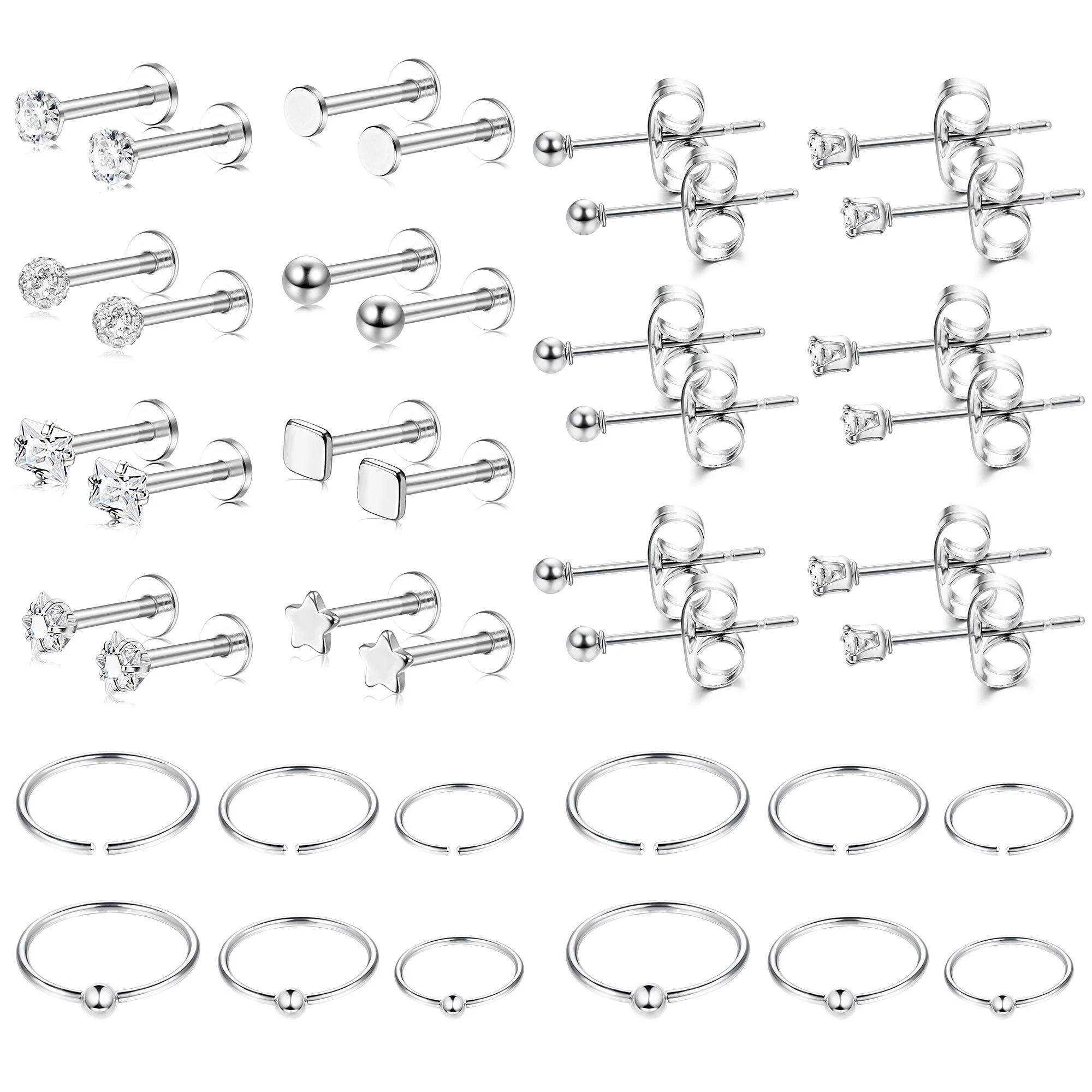 20Pair Stainless Steel Tiny Stud Earrings Small Endless Hoops Earrings Set Ball CZ Stud Cartilage Earrings Tragus Helix Piercing