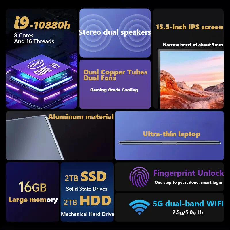 Core I9 15.6 Inch Laptop Chơi Game 8G/16GB/32G DDR4 1TB/2TB SSD Bàn Phím Có Đèn Nền Vân Tay Mở Khóa Màn Hình IPS Netbook TYPE-C Wifi