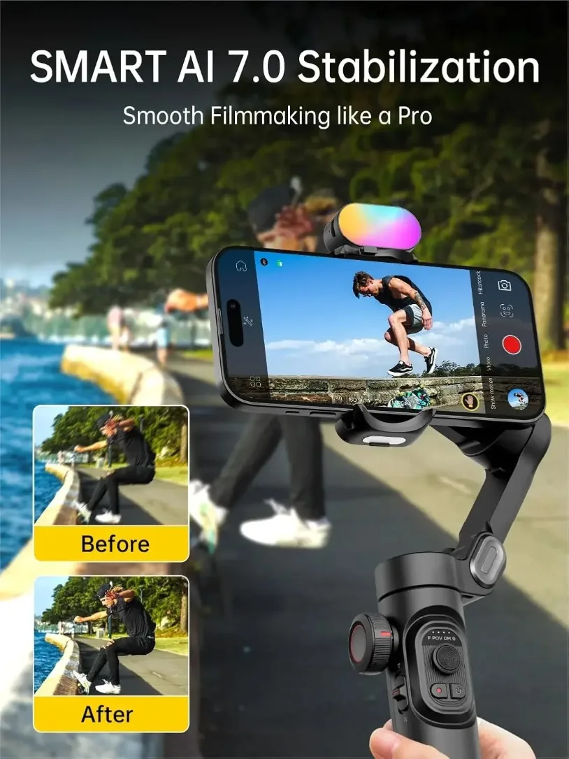 VIKEFON 3-Axis Handheld Gimbal Stabilizer for Smartphone with Fill Light for iPhone Android Face Tracking Vlog Smart XE