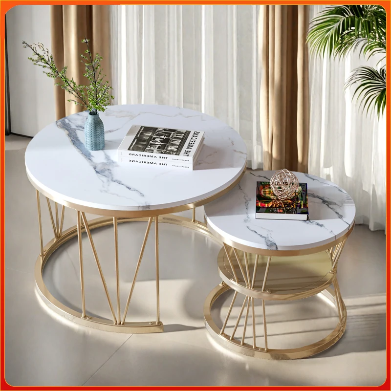Mesa de Centro Simple Comanlai, Juego de 2 Mesas de Centro Circulares, Mesa Auxiliar Moderna Encajada, Estructura Metálica, Mesa para Sala de Estar