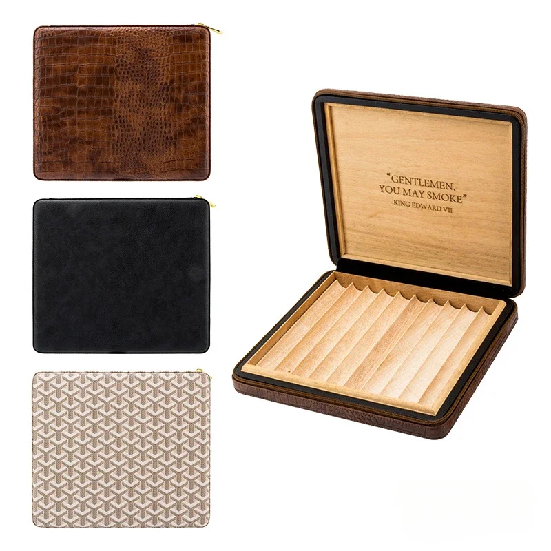 Portable cigar box 10 cigars leather cedar wood zipper cigar cigarette box cigarette gift box