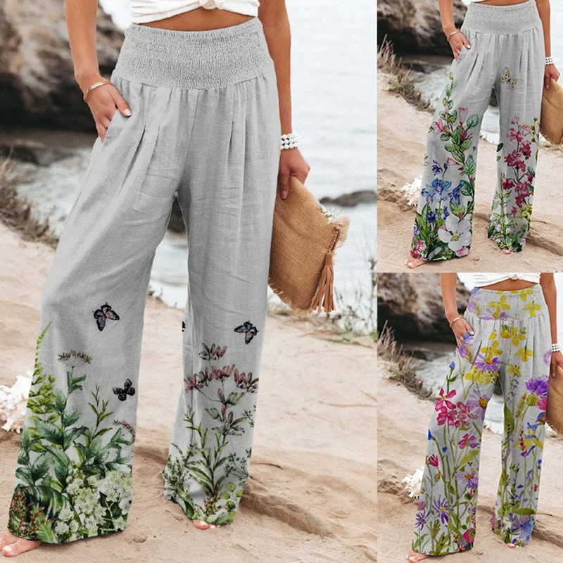 Fashion Printing Pockets Straight Trousers Spring Street Casual Summer Elastic High Waist Loose Wide Leg Pants Women\'s Clothing