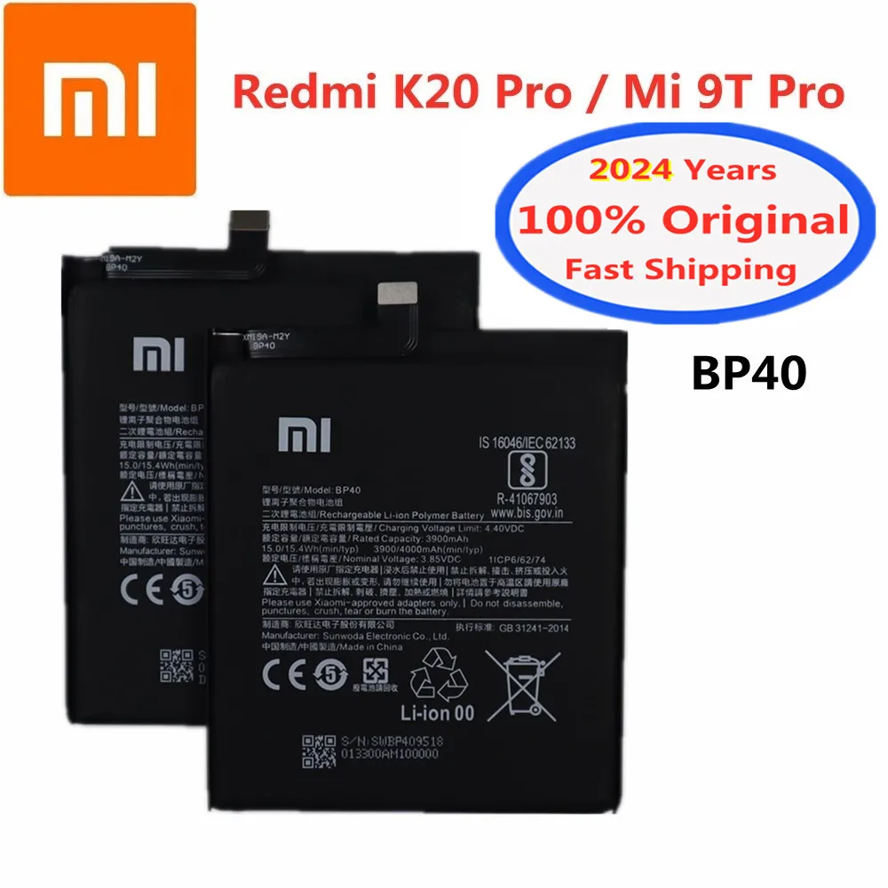 샤오미 레드미 K20 프로/MI9T 미 9T 프로용 정품 배터리, 2024 년 BP40, 4000mAh 휴대폰 배터리, 재고 빠른 배송