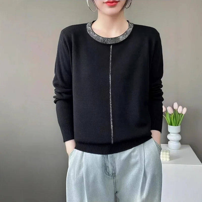 Sweter damski z okrągłym dekoltem, długim rękawem, zdobiony dżetami, nowy styl na wiosnę i jesień, luźny, uniwersalny, bazowa warstwa dzianiny.