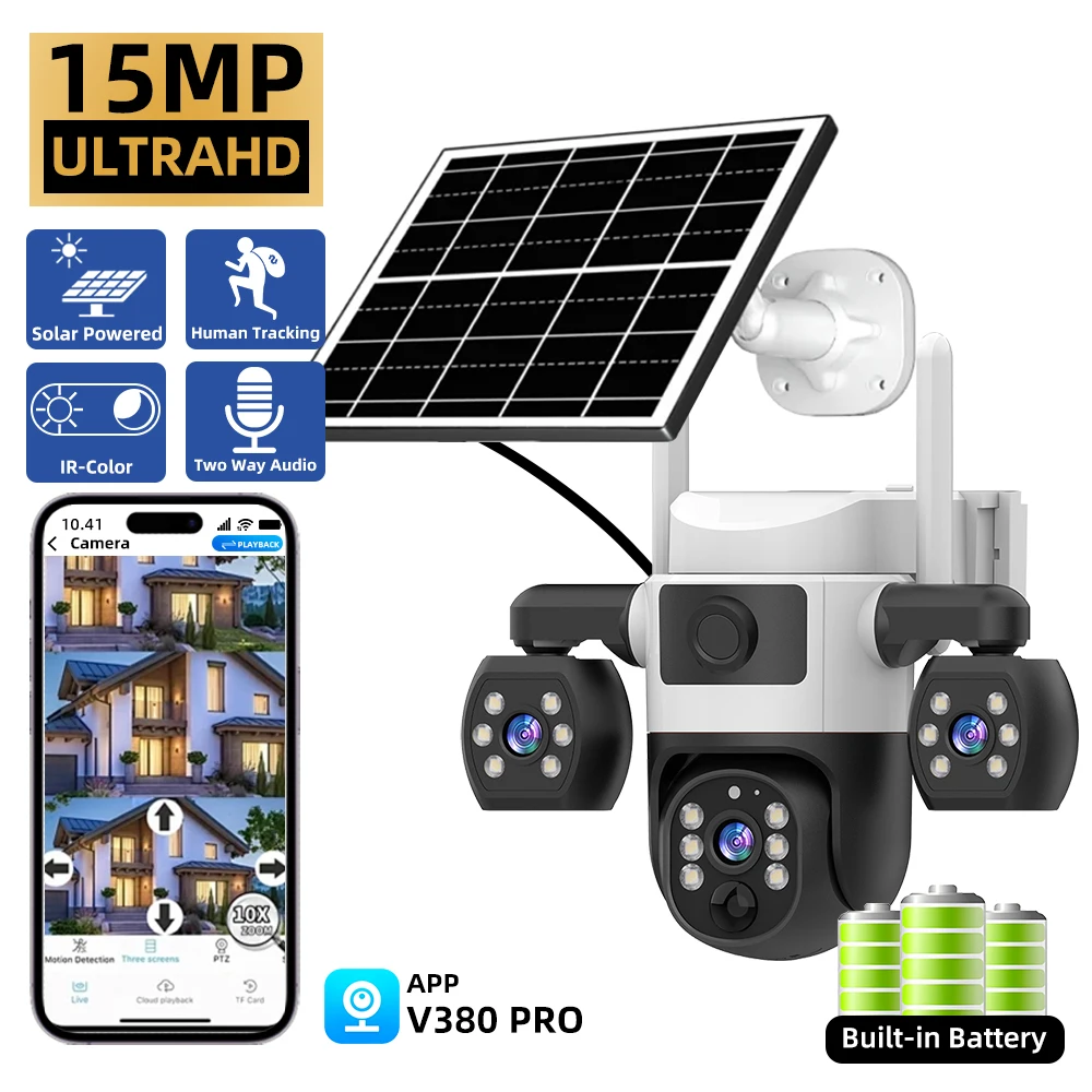 Solar Camera 4G Sim Outdoor 15MP HD Triple Lens Three Screen PIR Human Security Cameras Night Vision Waterproof CCTV
