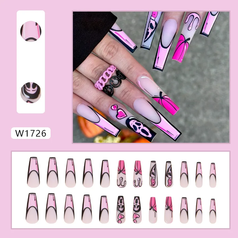 24pcs Advance Guard Funky Long Matte Skull Halloween Must-have Fake Nail Pink Pumpkin Comic Style Monstrous Manicure Accessories