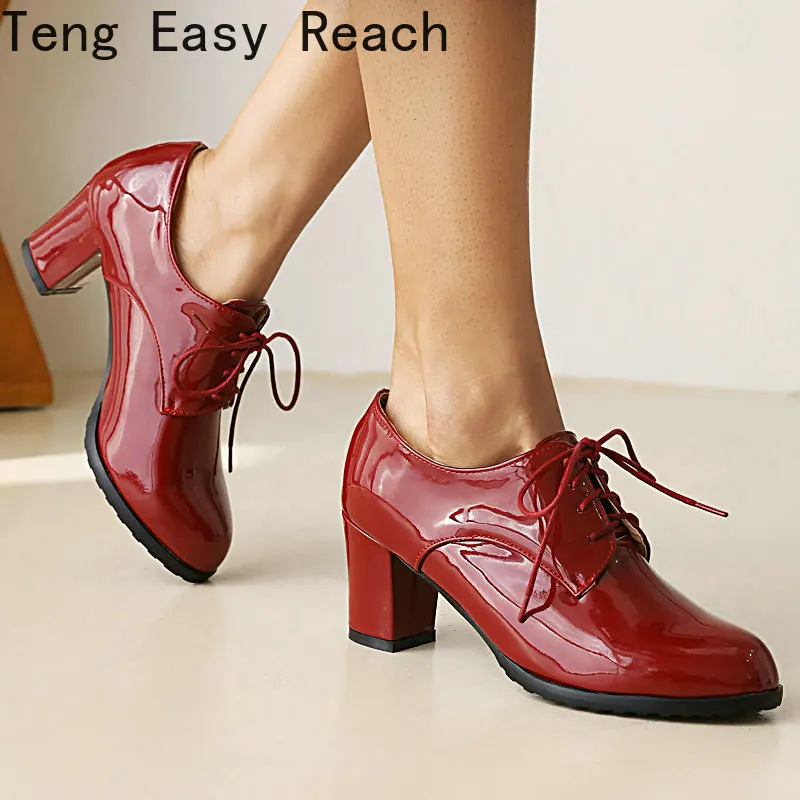 2023 Spring Patent PU Leather Orange Green Lace-up Office Working Woman Shoes Thick High Heeled Derby Oxfords Pumps Heels Woman