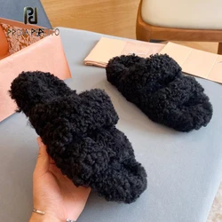 Wool Slipper Shoes for Women Winter Female Must-have Soft Fluffy Black Beige Warm Slip on Outdoor Mules Luxury Designer Slides