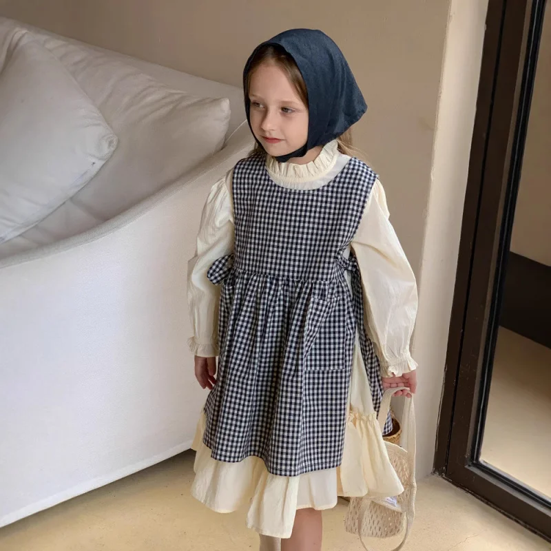 

Forest Style Layered Vest Dress Japanese Style Long Dress Flared Skirt Autumn New Girls Plaid Cover-Up Dress Two-Piece Set