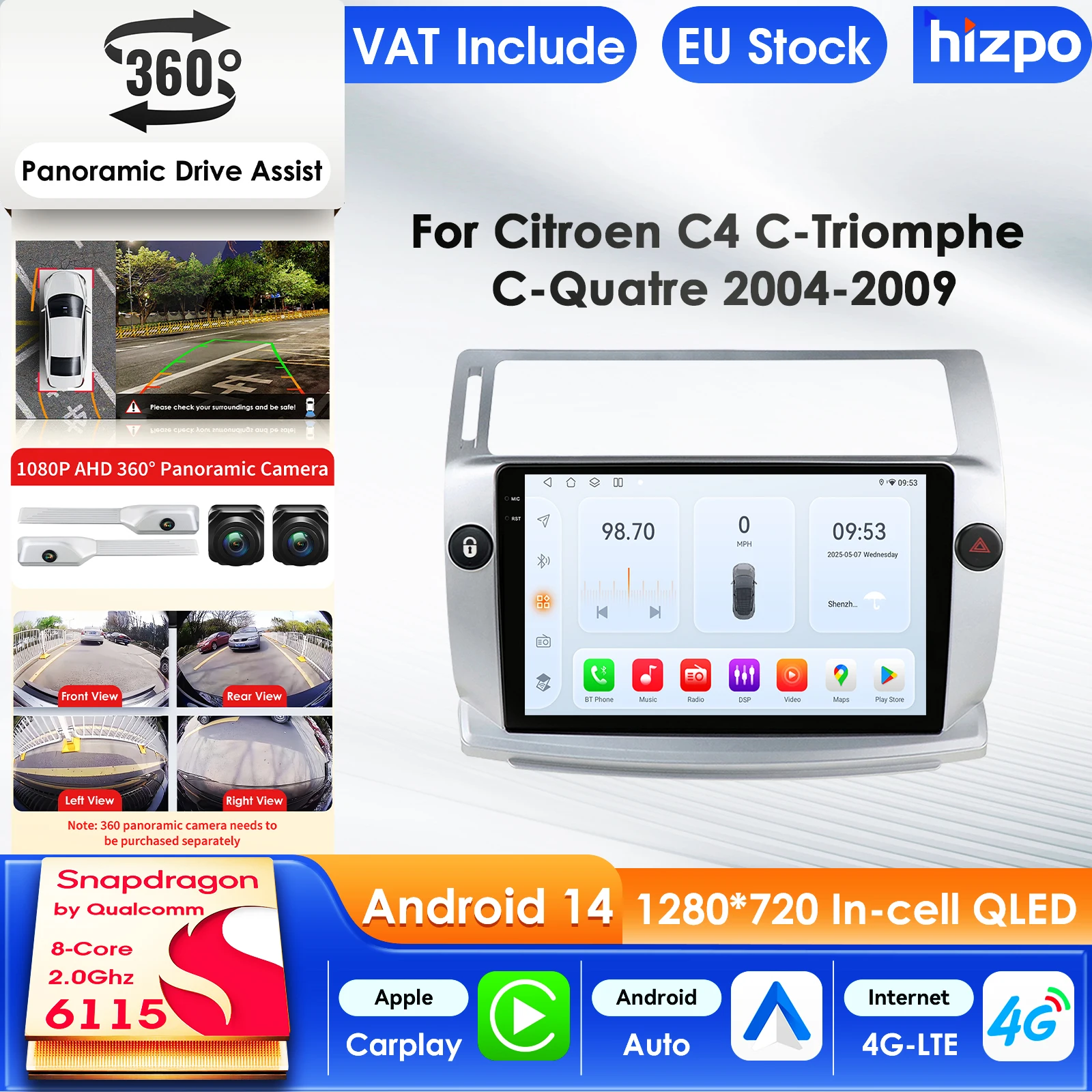 Hizpo Carplay 4G Systeme Android Autoradio für Citroen C4 C-Triomphe C-Quatre 2004 2005 2006 Multimedia-Videoplayer Autoradio 9 Zoll Intelligenter Bildschirm QLED-Display Automotive Head Unit